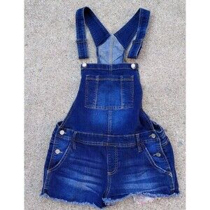 Denim Shortalls Womens Dark Blue Sz  Large Flat Front Adjustable Strap 90's Y2K